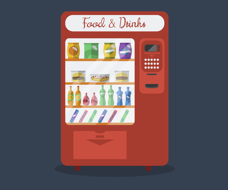 Flat automatic machine with food and drink. Snacks, chips, hamburger, juice, fast food. Vector illustrationのイラスト素材