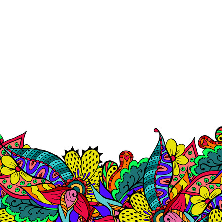 Colorful floral spring doodle border, background. Perfect for presentation template, card, invitation, documents, bag design.のイラスト素材