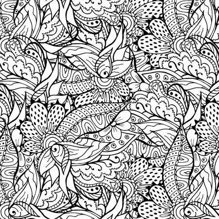 Cute floral hand drawn doodle pattern in white and black. Seamless pattern in swatch panel.のイラスト素材