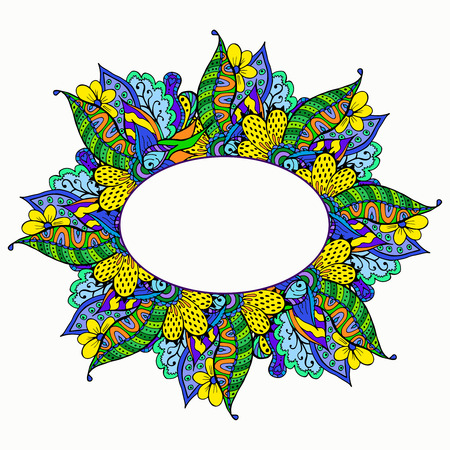 Hand drawn floral doodle frame. Bright summer colors. Abstract zentangle background. Good for cards, invitations, wedding, t-shirt, brochure, flyer, calendar. Vector illustration.のイラスト素材