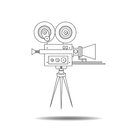 Line art detailed professional retro movie film camera, vintage cinema. Poster, card, leaflet or banner template with place for text. Isolated on white. Video recorder. Vector illustration.のイラスト素材