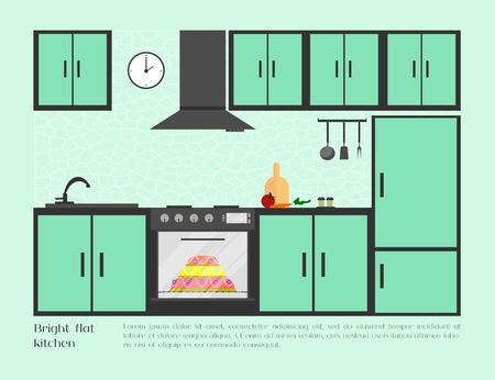 Home, cafe or restaurant bright flat kitchen with kitchen sink, stove, refrigerator, food, clock, ventilation and other kitchenware. Modern design. Vector illustration background.のイラスト素材