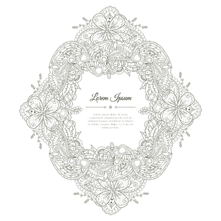 Black and white hand drawn floral doodle frame. Flowers, leaves and paisley. Abstract  background. Good for cards, invitations, wedding, cover, flyer, calendar, brochure. Vector illustrationのイラスト素材