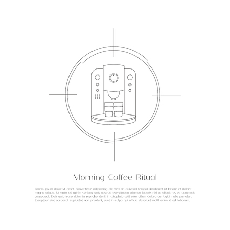 Abstract simple flat coffee machine. Black thin linear outline icon. Professional coffee making equipment and appliances. Design elements for business and website. Vector illustration.のイラスト素材
