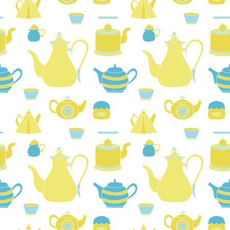 Hand drawn seamless pattern with tea time elements. Tea pots, cups, honey.  For card, invitation, decoration, wrapping paper, cafe, menu. Abstract cute colorful background. Vector illustration.のイラスト素材