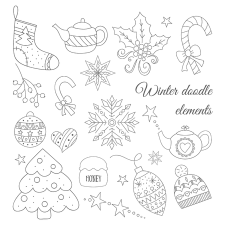 Winter doodle elements set with tree, tea pot, toys, candies, hat, sock, Christmas mistletoe. For card, wrapping paper, invitation, card background, wrapping paper. Funny New Year vector illustration.のイラスト素材