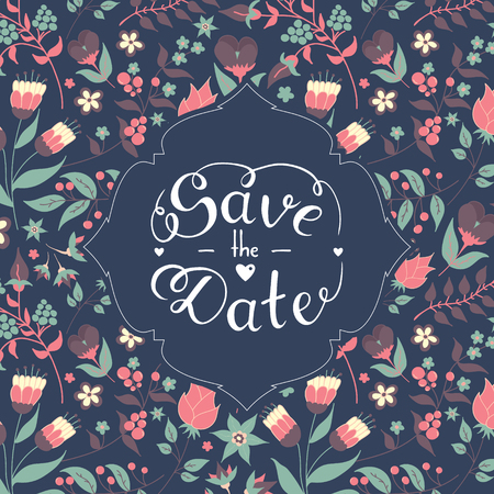 Save the date hand lettering. Blue hand drawn phrase. Vector script illustration with hearts for wedding day invitations, card, decoration. Beautiful floral doodle pattern background. Lettering phraseのイラスト素材