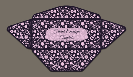 Envelope template with floral pattern inside. Good for holiday greeting, card, wedding or baby shower invitation,  branding, making your company correspondence unique. Dark vector illustrationのイラスト素材