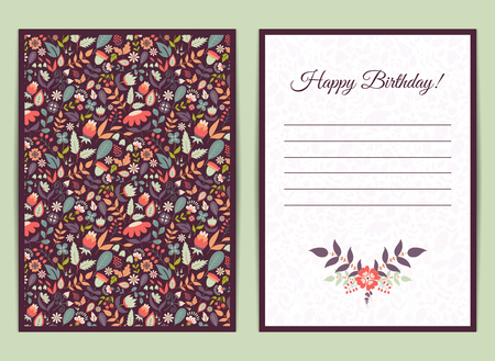 Cute gentle card with floral pattern. Doodle flowers and leaves. Vector blooming floral texture for card, invitation, wedding, baby shower, birthday, bridal or hen-party. Vector with pink, purpleのイラスト素材