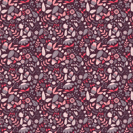 Floral seamless pattern with doodle flowers and leaves. Vector blooming floral texture for card, wrapping paper, invitation, card, wedding, surface or pajama pattern. Gentle autumn vector background.のイラスト素材