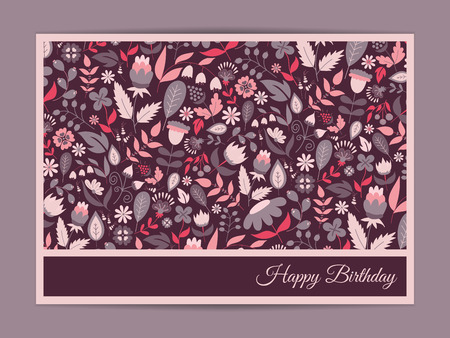 Cute gentle card with floral pattern. Doodle flowers and leaves. Vector blooming floral texture for card, invitation, wedding, baby shower, birthday, bridal or hen-party. Vector with pink, purpleのイラスト素材