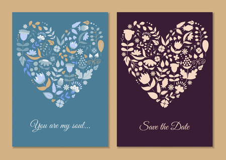 Cute vintage floral cards set. Heart shape with flowers and leaves. Beautiful background Cards for greeting, invitation, wedding, party, hen-party, baby shower, mother's day, valentines. Gentle vectorのイラスト素材