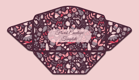 Envelope template with floral pattern inside. Good for holiday greeting, card, wedding or baby shower invitation, branding, making your company correspondence unique. Dark vector illustrationのイラスト素材