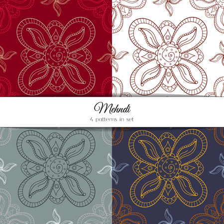 Set of seamless patterns with oriental mehndi ornament. Beautiful background for card, invitation, presentation, wallpaper, wrapping paper, decoration, pajama pattern. East Indian design. Vectorのイラスト素材