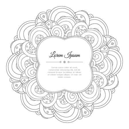 Black and white hand drawn floral doodle frame. Flowers, leaves and paisley. Abstract zentangle background. Good for cards, invitations, wedding, cover, flyer, calendar, brochure. Vector illustrationのイラスト素材