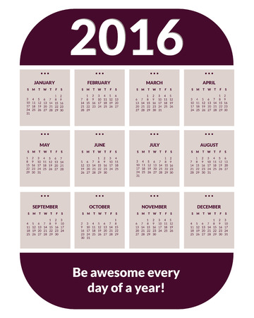 Colorful calendar for new year 2016. 12 months, dates, days of week. Purple color. Vector.のイラスト素材