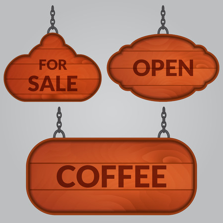 Set of wooden sign on the chains. Wooden signboards. Board, design element. Vector illustration.のイラスト素材