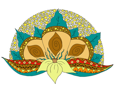 Colorful hand drawn doodle element for design. Narcissus flower with tribal leaves and decoration. Good for card, postcard, greeting, spa shop, wedding, baby shower. Floral vector illustration.のイラスト素材