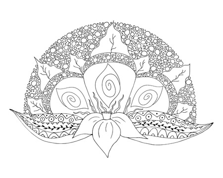 Black and white hand drawn doodle element for design. Narcissus flower with tribal leaves and decoration. For greeting card, postcard, spashop, wedding, baby shower, mehndi. Floral vector illustrationのイラスト素材