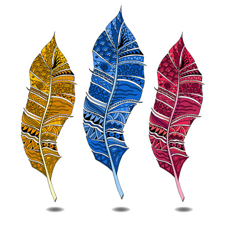 Colorful doodle feathers set. Patterned zentangle background. Ethnic tribal design elements. Good for cards, banners, invitations. Vector illustration.のイラスト素材