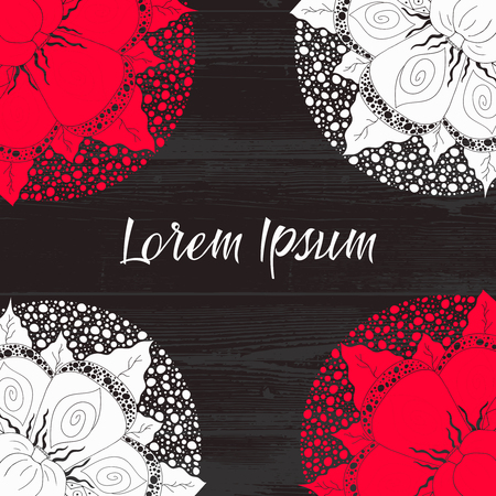 Design doodle elements, corners. White and red lace pattern. Card template. Perfect for invitation, greeting card, presentation template with place for text. Wood background.のイラスト素材