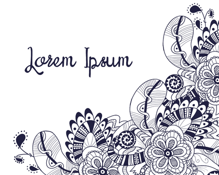 Hand drawn tribal monochrome doodle corner. Abstract zentangle decoration with flowers and feathers. Perfect for greeting card, invitation, bag design, site, background template. Vector illustration.のイラスト素材