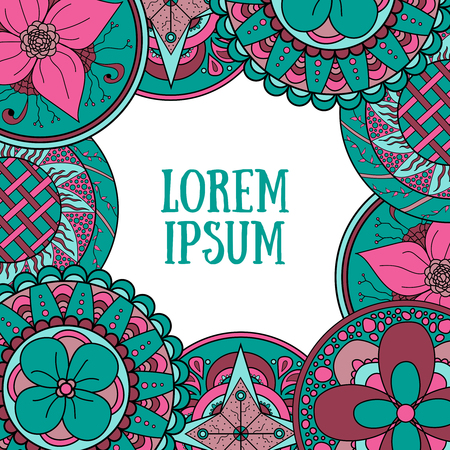 Retro mandala frame. Hand drawn doodle background with place for text. Oriental Indian zentangle frame. Good for card, invitation, banner, baby shower, spa, wedding, party. Vector illustrationのイラスト素材