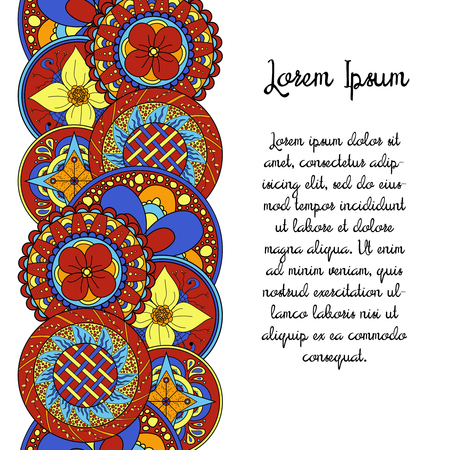 Abstract doodle border background. Cute colorful hand drawn mandala. Oriental Indian style. Good for presentation, card, invitation, product, wedding, baby shower, poster. Vector illustration.のイラスト素材