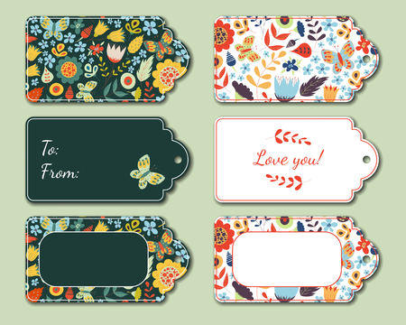 Floral present tags. Holiday gift cards for romantic evening, bouquet, candies, toys. Romance decoration with flowers, butterfly and leaves. Valentines day greeting cards. Vector illustration.のイラスト素材