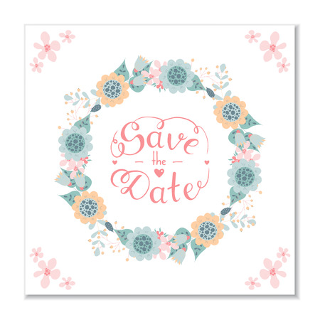Save the date hand lettering phrase. Gentle hand drawn phrase. Vector script illustration with hearts for wedding day invitations, cards, decoration. Floral doodle wreath. Flowers and leaves elements.のイラスト素材