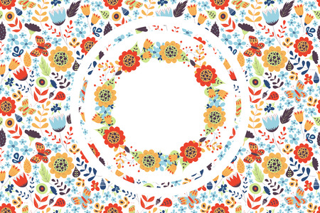 Floral background with wreath inside. Flowers, leaves and butterfly. Frame for design. Good for...