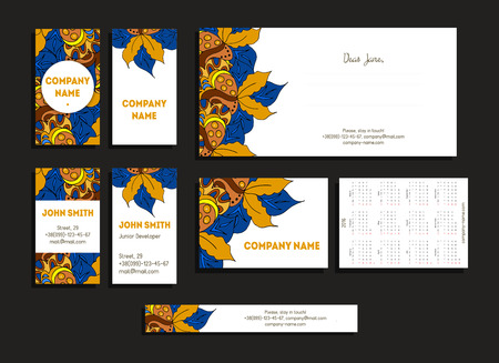 Set of corporate business cards and calendars 2016 for company. Vintage background for marketing. Identity elements for professionals. Colorful floral ornament with leaves.のイラスト素材