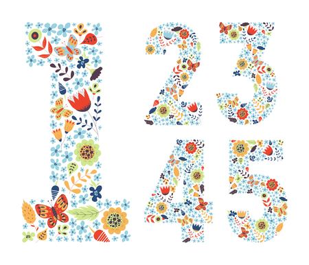 Cute floral vintage numbers set. Doodle flowers, leaves, butterflies in shapes. Decoration for cards, kid's illustrations, invitation, wedding, greeting. 1, 2, 3, 4, 5.のイラスト素材