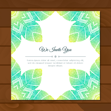 Greeting card with colorful mandala pattern. East Indian style. Beautiful background for card, party or event invitation, flyer, birthday, mother's day, wedding. Vector zentangle illustration.のイラスト素材