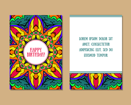 Greeting cards set with colorful mandala pattern. East Indian style. Beautiful background for card, party or event invitation, flyer, birthday, mother's day, wedding. Vector zentangle illustration.のイラスト素材