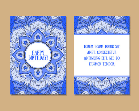 Greeting cards set with colorful mandala pattern. East Indian style. Beautiful background for card, party or event invitation, flyer, birthday, mother's day, wedding. Vector zentangle illustration.のイラスト素材