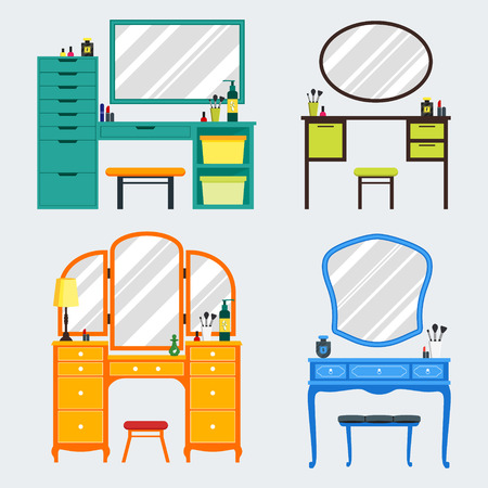 Cute colorful set of flat dressing tables with girl's things, mirror, perfume, lipstick, cosmetic. Isolated interior objects for dressing woman room. Furniture for feminine boudoir illustrationのイラスト素材