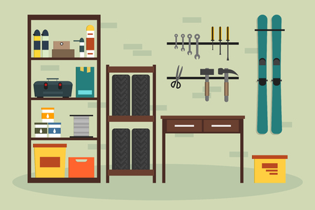 Flat garage inside. Working place with tools in storeroom. Garage interior. Tools, worker tools, tires, hummer, boxes, shelves, skis, table in store. interior illustration.のイラスト素材
