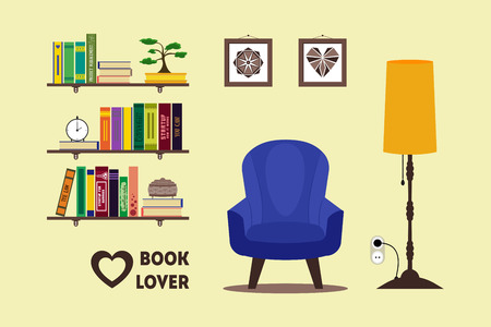 Flat library room interior with armchair, floor lamp, bookshelves, bonsai, pictures. Home comfortable book lover decor concept. Booklover card, poster, brochure. furniture setのイラスト素材