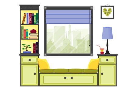 Colorful flat room illustration with window and shelves. Place for reading and studying.   card, web site element. Interior design for corporate marketing. flat design.のイラスト素材