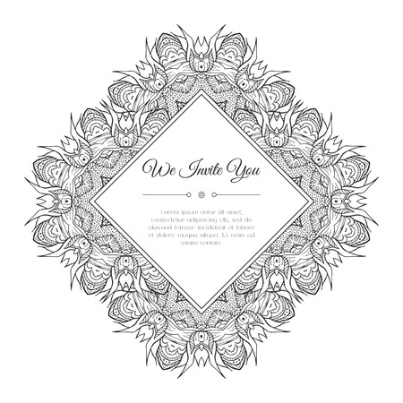 Black and white  doodle frame. Abstract floral background. Good for cards, invitations, wedding, t-shirt, brochure,  calendar. Monochrome coloring page. illustration.のイラスト素材