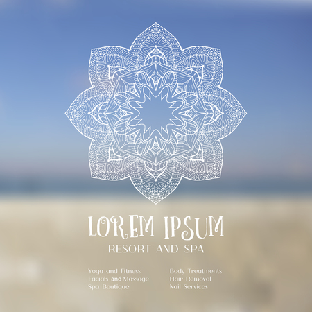 mandala design element on blurred sky. floral background for resort and spa with place for text and menu. Abstract backdrop, card, invitation, brochure design. illustrationのイラスト素材