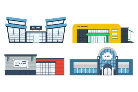 Illustration pour Flat supermarket. Shopping mall building. Set of colorful funny cartoon store city buildings. Market shop place. Business marketing collection. Infographic elements. Isolated illustration. - image libre de droit