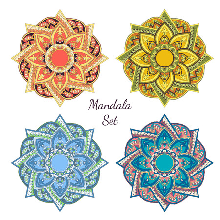 Mandala design elements collection. Symmetric round set. Abstract doodle background. Good for cards, invitations, party, bag, t-shirt, marketing materials.のイラスト素材
