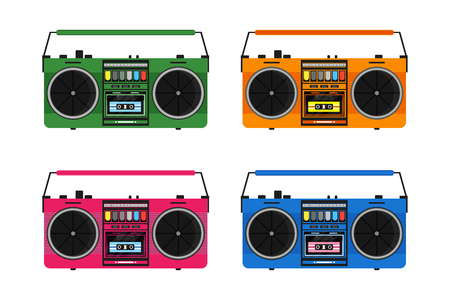 Flat vintage tape recorders set for audio cassettes. Music boombox. Modern trendy design for music concept. Poster, card, leaflet or banner template design with place for text. Vector illustrationのイラスト素材