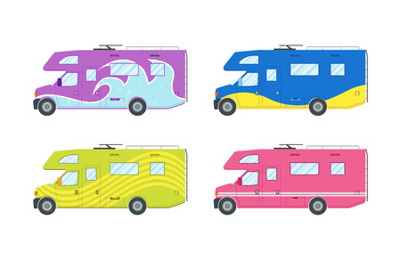 Modern flat camper van set. Car for family travel. Concept of outdoor recreation and travel around the world. Poster, card, leaflet or banner template design with place for text. Vector illustrationのイラスト素材