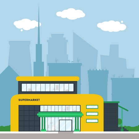 Flat supermarket. Shopping mall building with green trees and grass. City background for card, banner, real estate, notebook cover, poster, postcard. Market shop place. Business marketing. Vector illustration.のイラスト素材