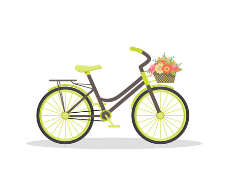 Beautiful flat rustic bicycle with flowers in basket. Floral vintage journey concept. Good for cards, greeting, invitation, wedding, note book cover, decoration. Vector illustration isolated on white.のイラスト素材