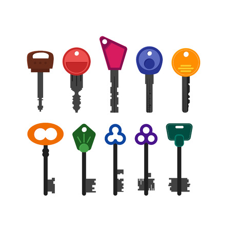 Collection of colorful vintage and modern key icons. House or apartment keys. Trendy flat design. Simple vector illustration on white background.のイラスト素材