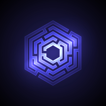 Abstract maze background with glowing light. Labyrinths in shape of hexahedron. Modern design of mystery pattern for business, decoration. Vector illustration on gradient background.のイラスト素材